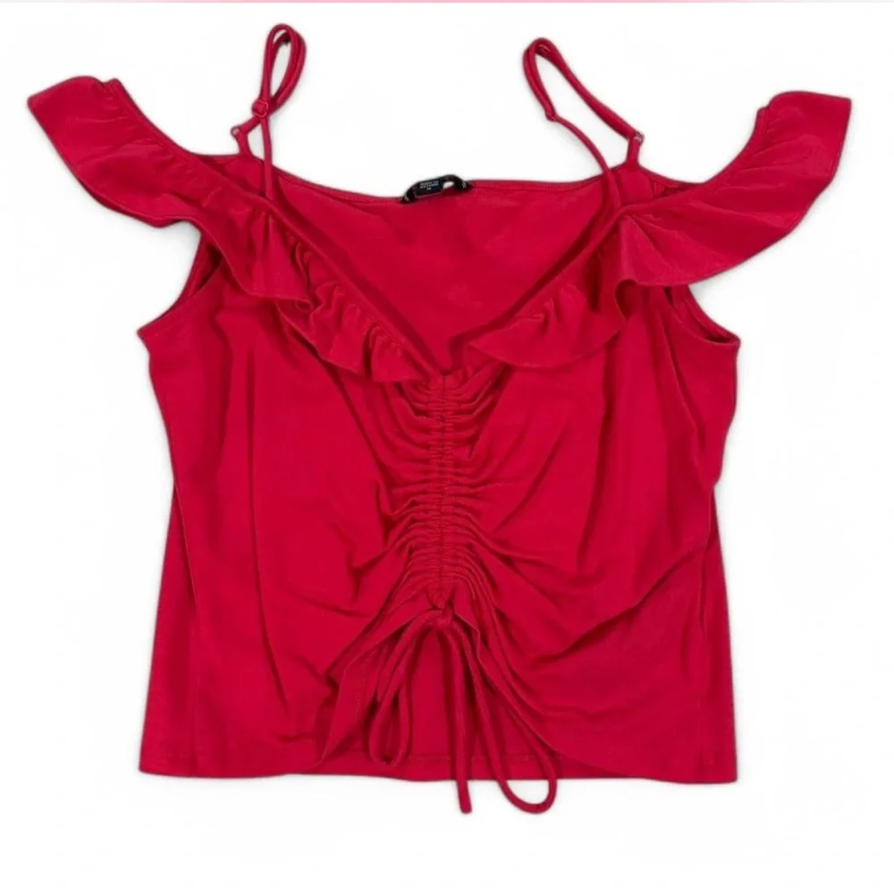 Guess Hot Pink Ruffle Cold-Shoulder Drawstring Tank - Picture 1 of 4